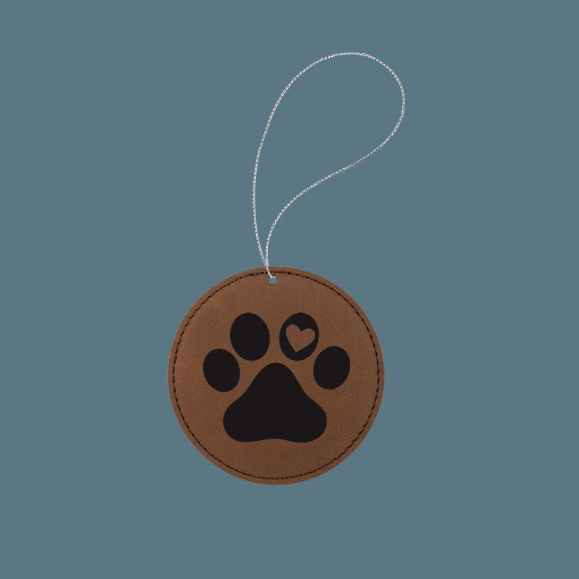 Custom engraved leatherette dog paw ornament with custom text and a dog paw design of your choice.