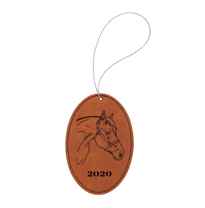 Custom engraved leather Christmas ornament with custom text and a horse design of your choice. Equestrian Ornament