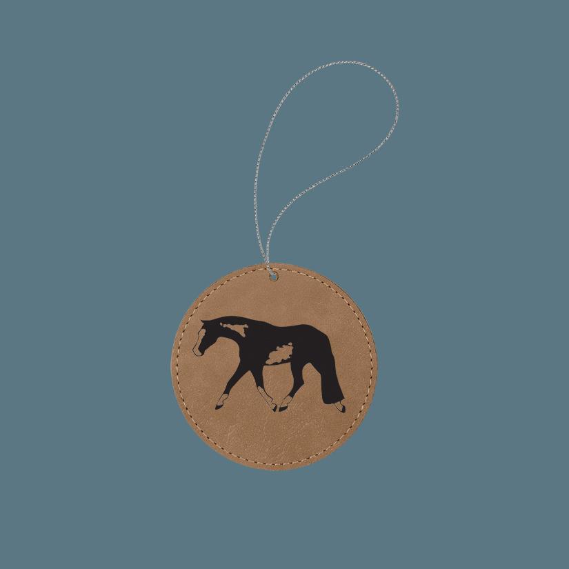 Custom engraved leatherette horse ornament with custom text and a horse design of your choice. 145+ horse designs to choose from.