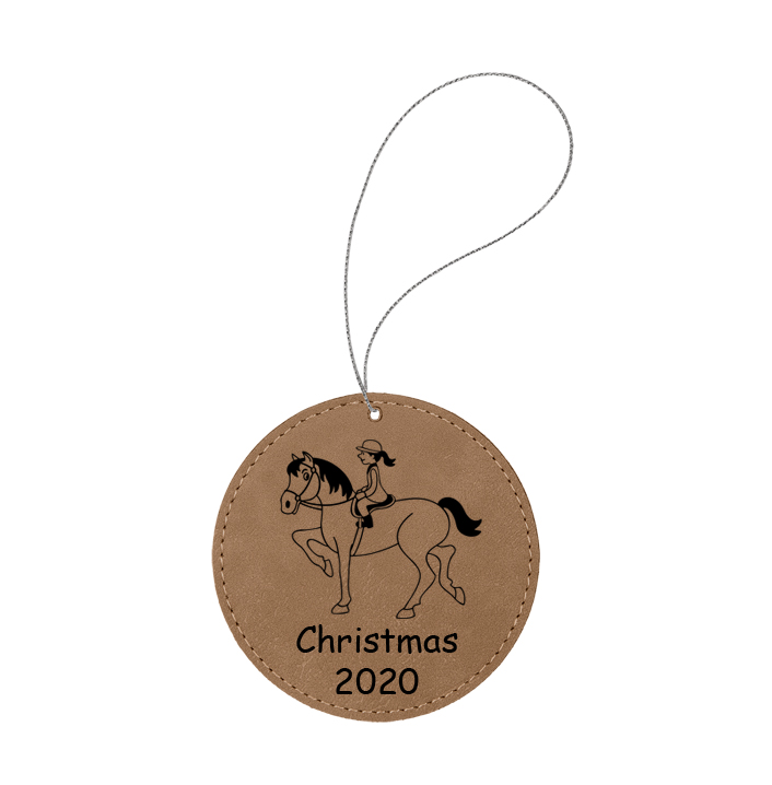 Custom engraved leatherette Christmas ornament with custom text and a horse design 3 of your choice. Equestrian Ornament