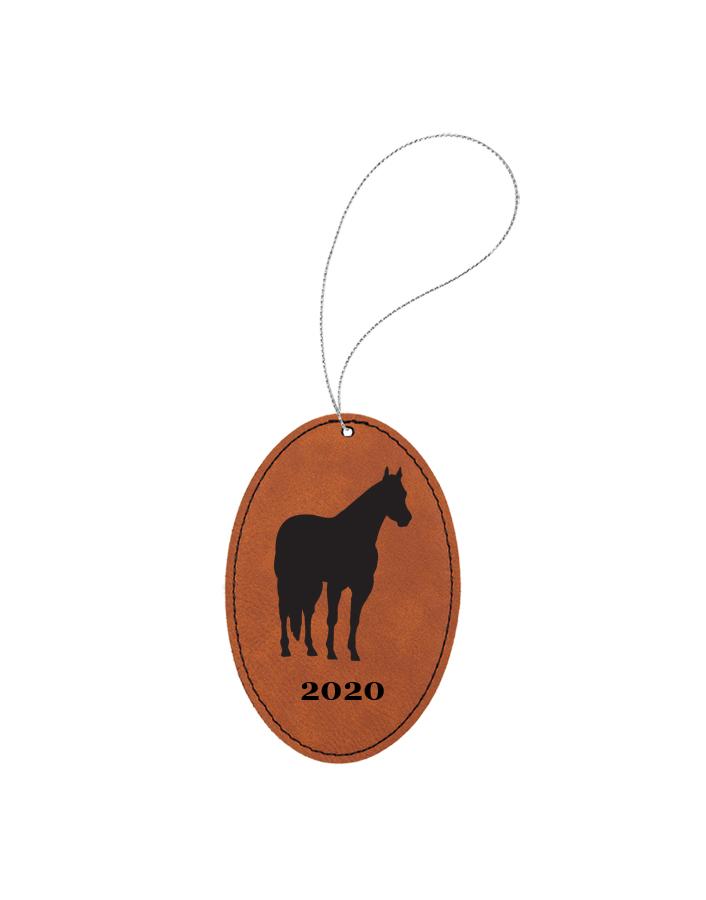 Custom engraved leatherette Christmas ornament with custom text and a horse silhouette of your choice. Equestrian Ornament