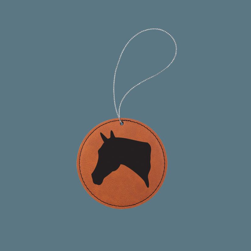 Engraved leatherette horse silhouette ornament with custom text and a horse silhouette of your choice. 85+ horse silhouettes to choose from.