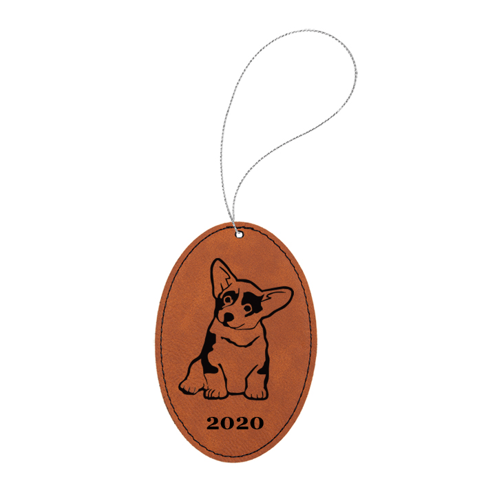 Personalized leatherette Christmas ornament with engraved text and a corgi dog design. Corgi Ornament