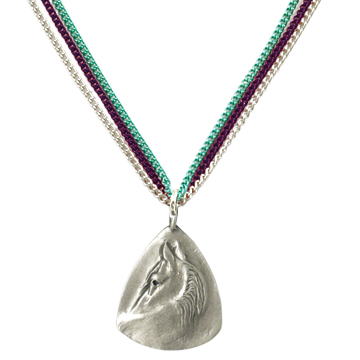 Glancing Horse Pendant on a multicolored chain.