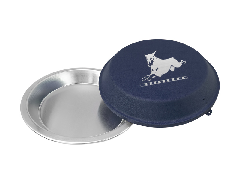 Personalized pie pan with engraved doberman design and custom text.