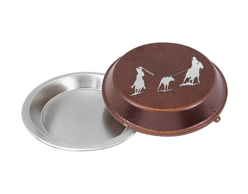 Personalized pie pan with engraved rodeo design and custom text.