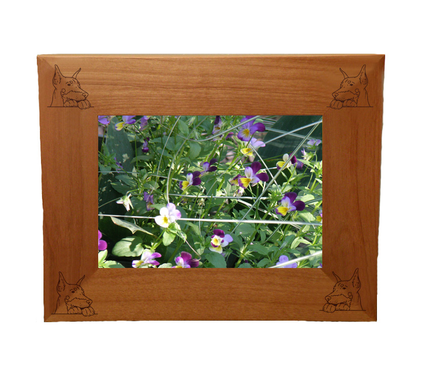 Personalized wood picture frame with custom engraved Welsh Corgi dog design and text.