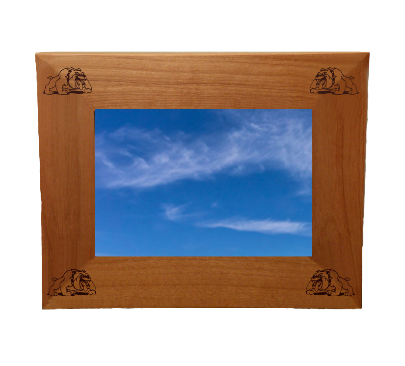 Personalized wood picture frame with custom engraved dog design and text.