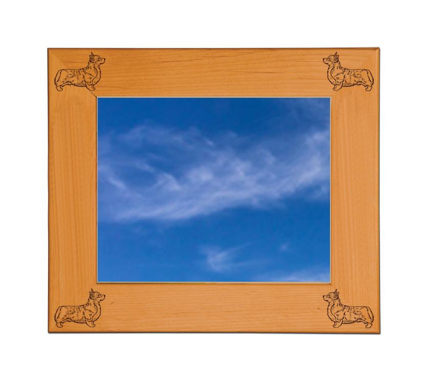 Personalized wood picture frame with custom engraved Welsh Corgi dog design and text.