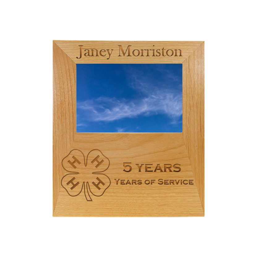 Custom engraved alder wood picture frame plaque with your choice of 4-H Logo and personalized text. 4-H Picture Frame