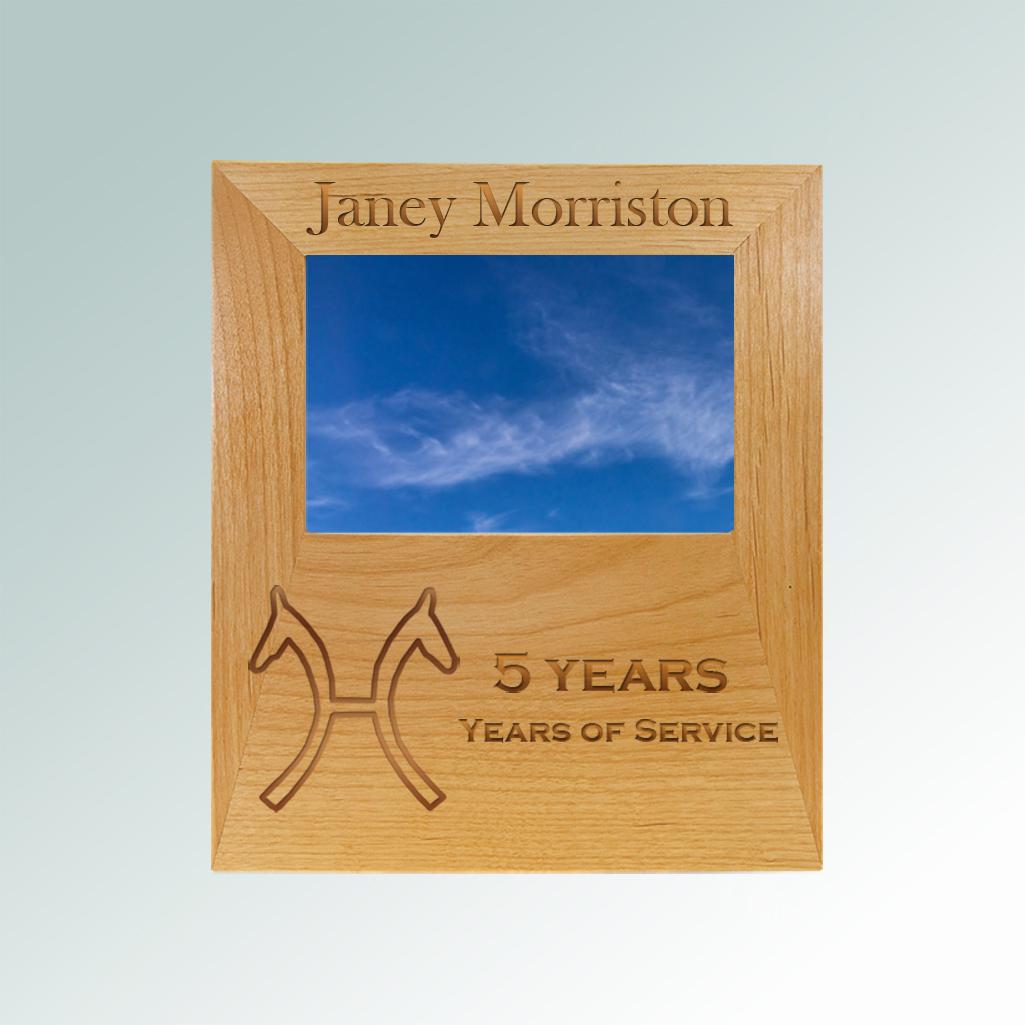 Personalized alder wood picture frame plaque with your choice of horse breed logo and custom engraved text. 25+ horse breed logos to choose from.