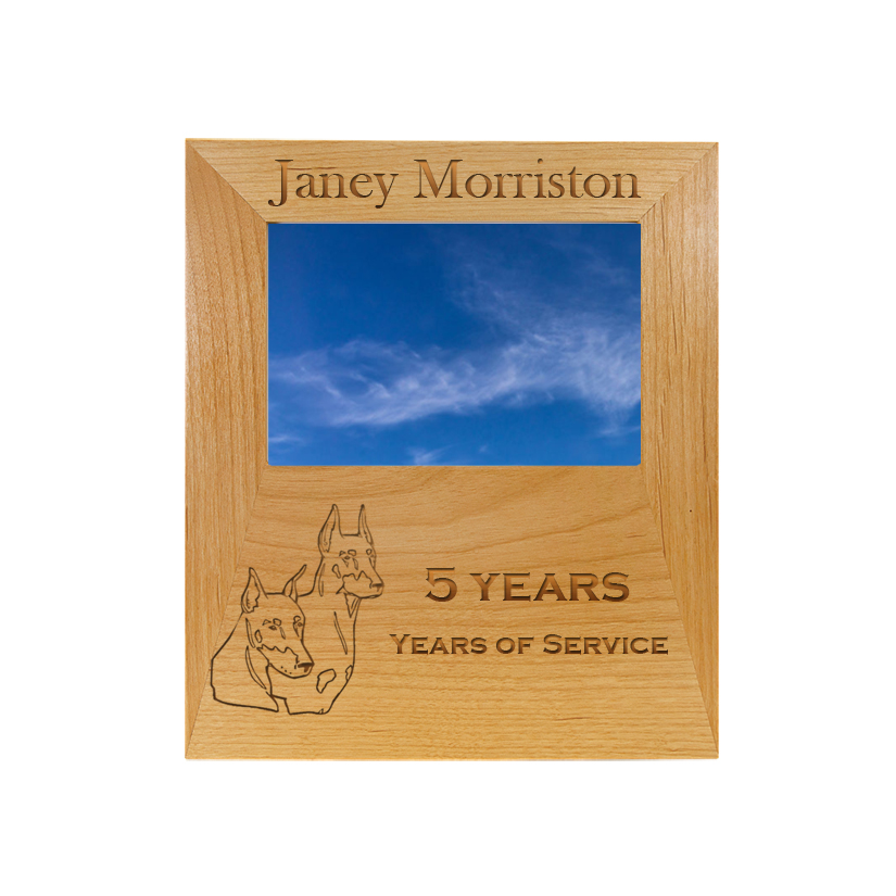 Personalized alder wood picture frame plaque with your choice of Doberman design and custom engraved text. Doberman Frame