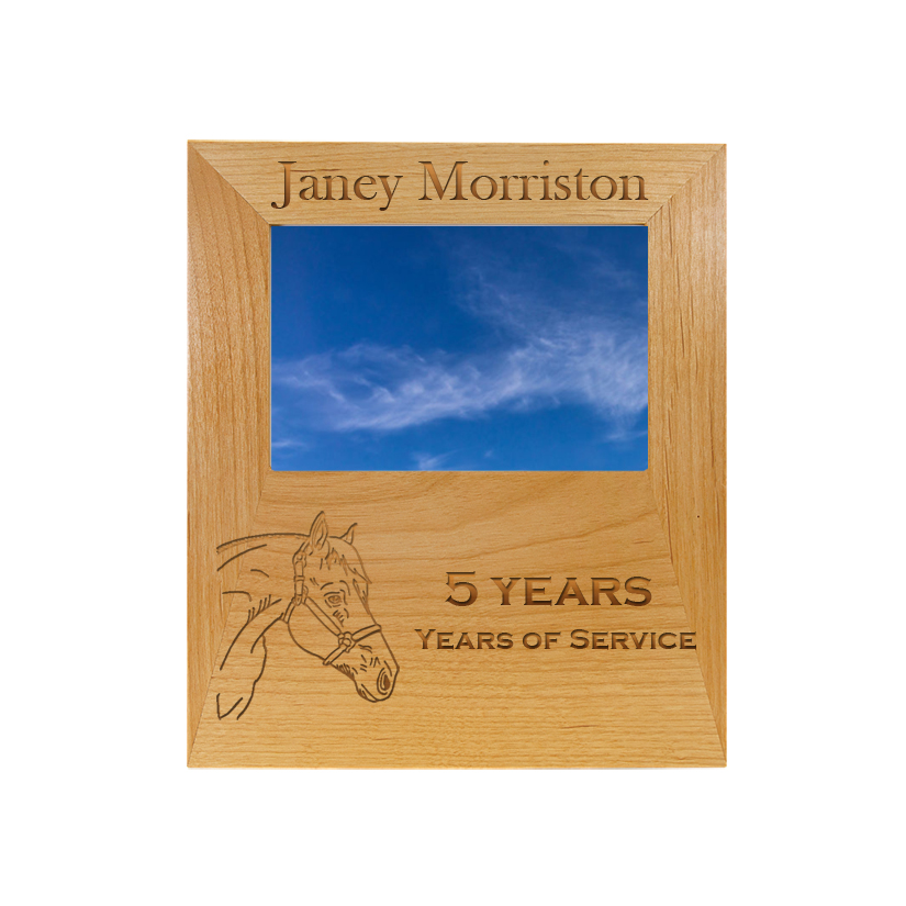 Custom engraved alder wood picture frame plaque with your choice of horse design and personalized text. Equestrian Picture Frame