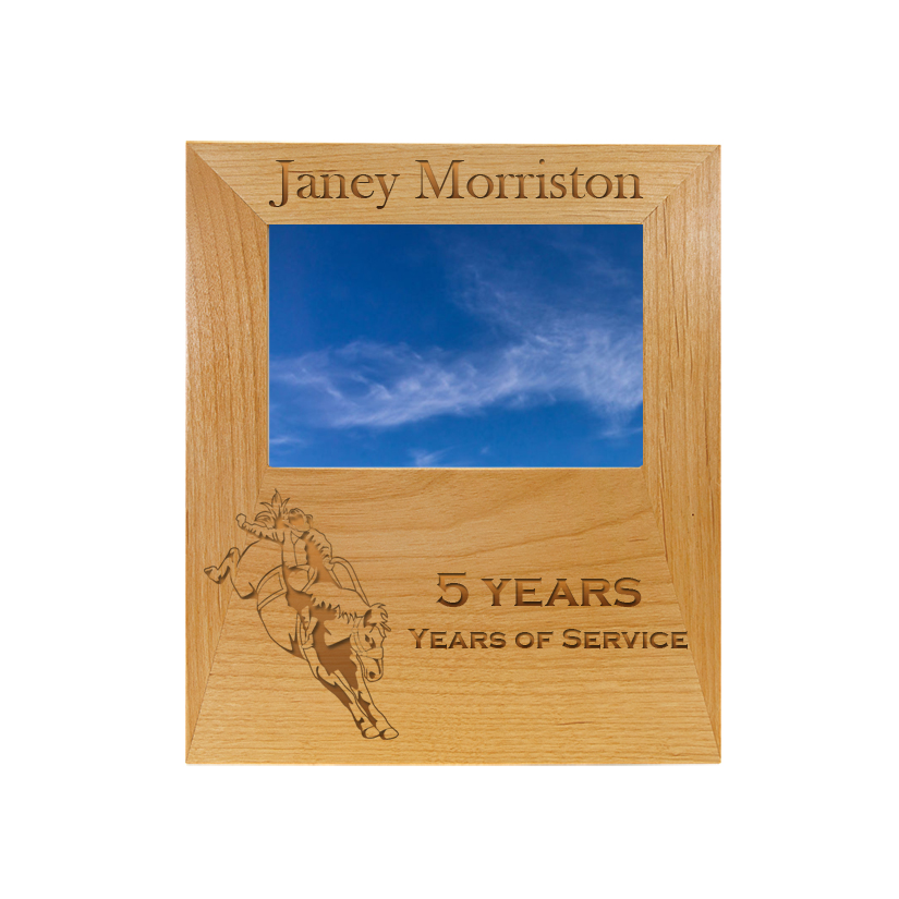 Custom engraved alder wood picture frame plaque with your choice of rodeo design and personalized text. Rodeo Picture Frame