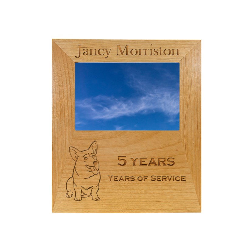 Custom engraved alder wood picture frame plaque with your choice of corgi design and personalized text. Corgi Picture Frame