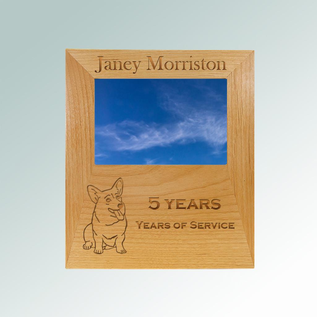 Custom engraved alder wood picture frame plaque with your choice of corgi design and personalized text. 100+ corgi designs to choose from.