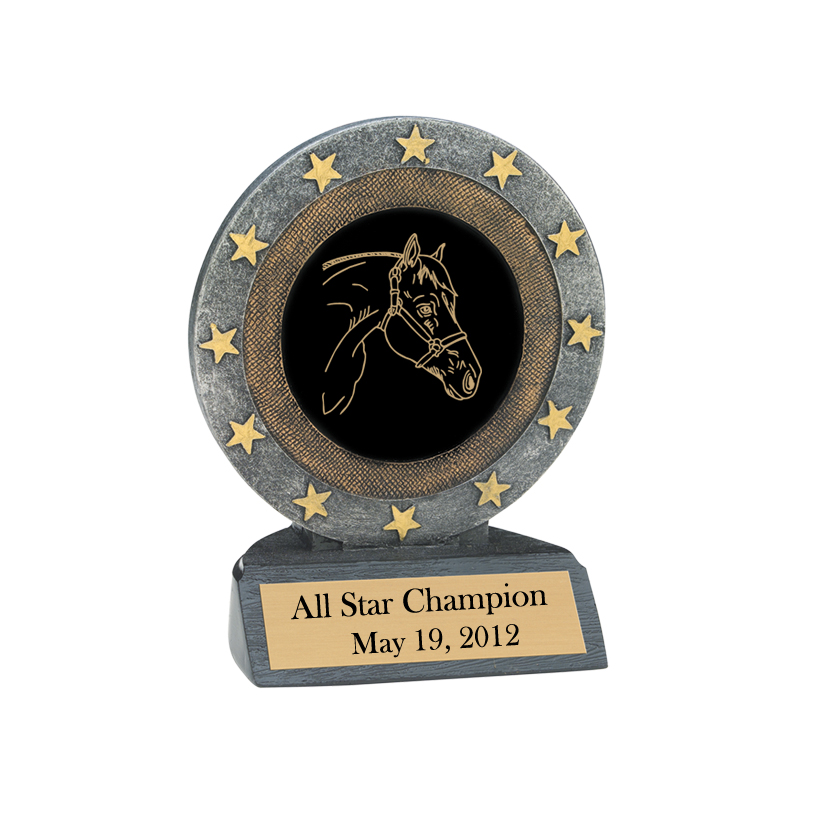 Custom engraved horse show award trophy with your choice of personalized text and horse design. Horse Trophy