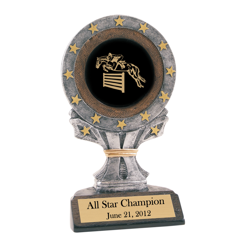 Personalized all star trophy with your choice of horse design 2 and custom engraved text. Equestrian Trophy