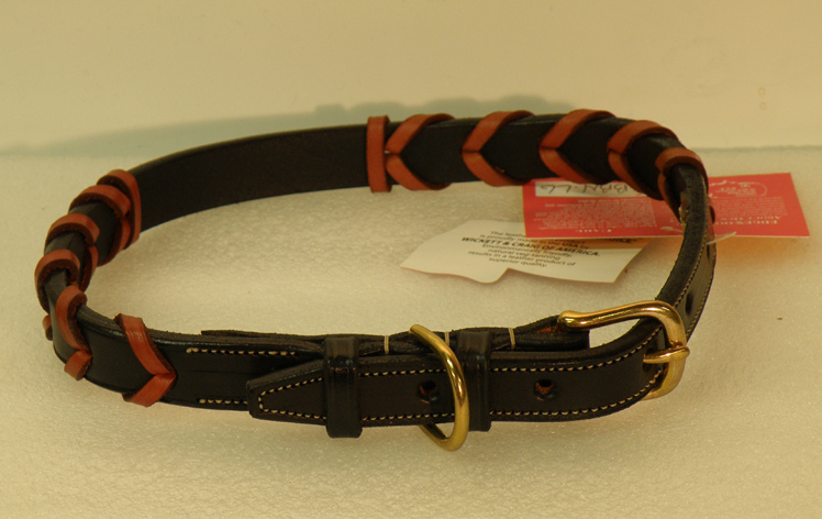 Black and tan laced leather nameplate dog collar.