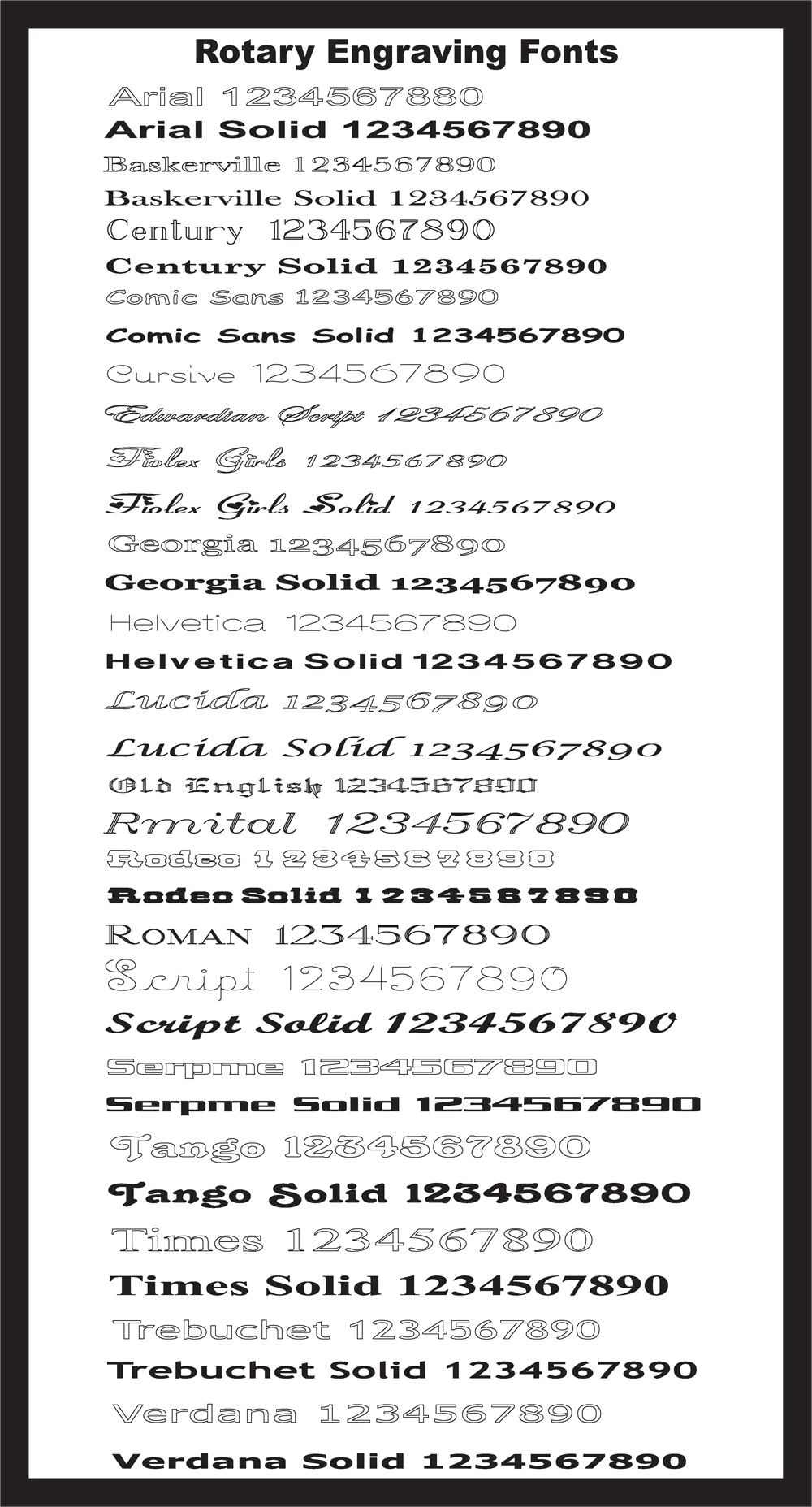 Fonts available for engraving.