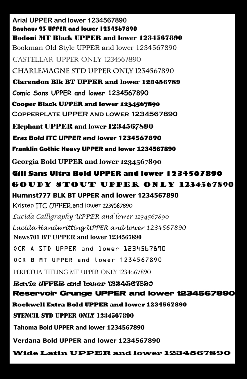 Laser engraving fonts available for saddle stitched leather dog collar.