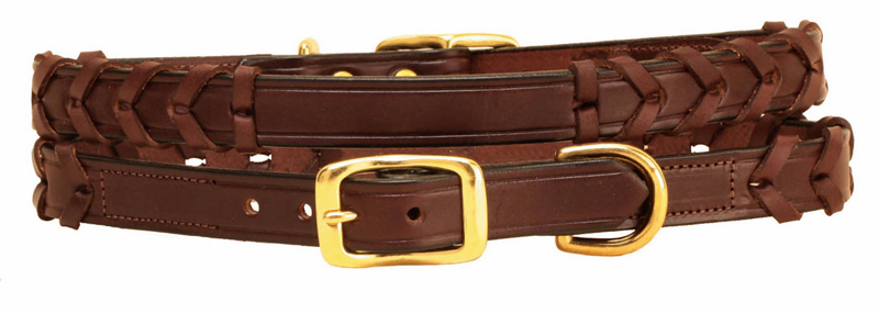 Havana laced nameplate leather dog collar with a flat space for a personalized nameplate.