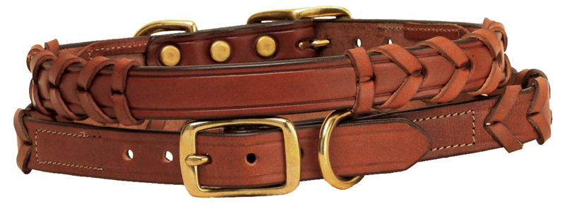 Oakbark laced nameplate leather dog collar with a flat space for a personalized nameplate.