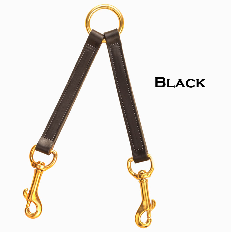 Black leather coupler for two dogs to be walked with one leash.