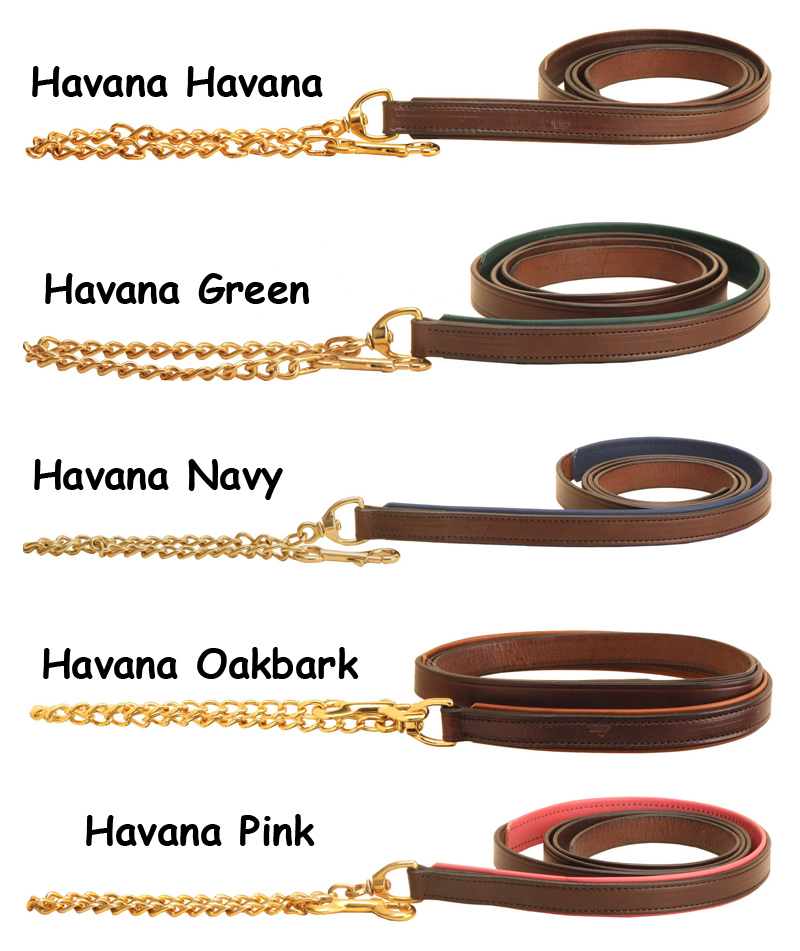 Tory Leather's padded English havana leather horse lead shank with a 24" brass chain.