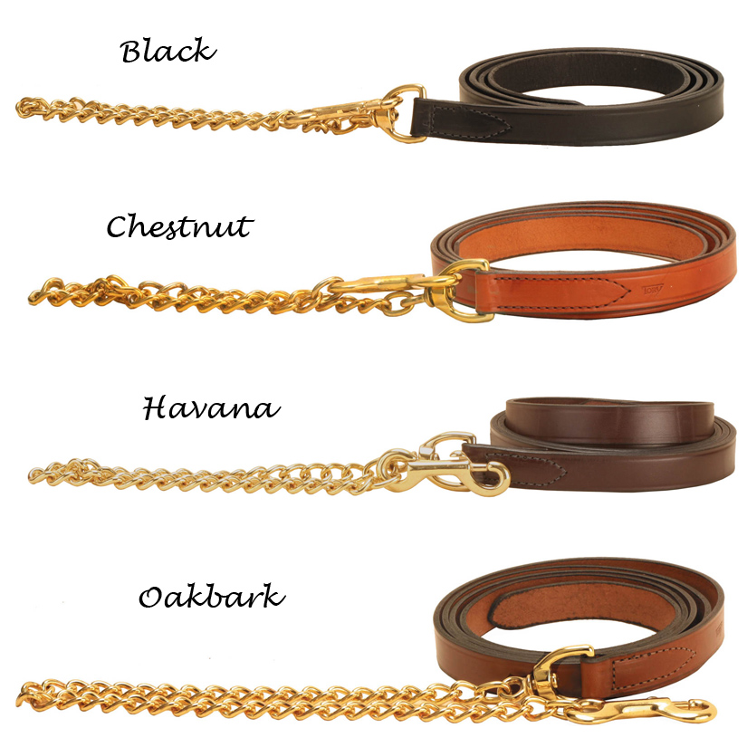 Creased bridle leather horse lead that comes with a 24" or 30" brass chain from Tory Leather. Multiple leather colors available.