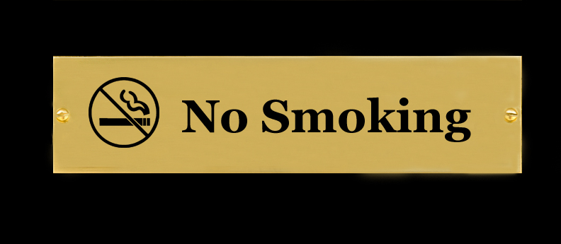 Custom engraved Brass no smoking sign. Large selections of colors and sizes.