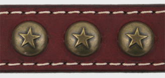 Studded with a generous quantity of antiqued brass star ornaments, these leather dog collars are beautiful.
