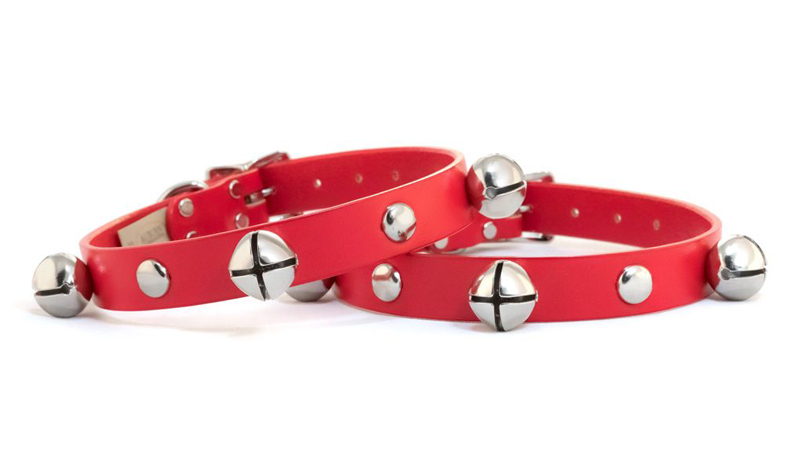 Leather jingle bell and studs dog collar from Auburn Leathercrafters. Makes a great holiday gift.