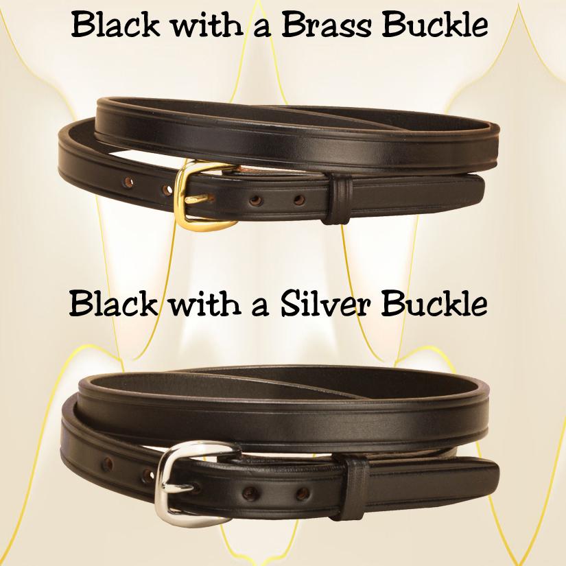 Black leather classic belt with a brass or nickel silver buckle.