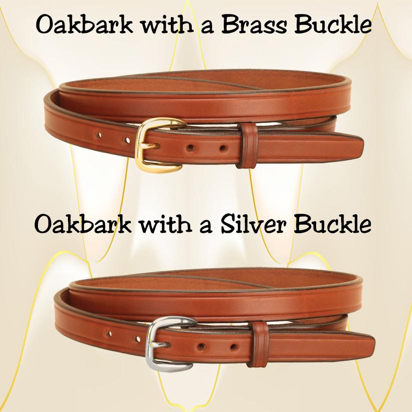 Oakbark leather classic belt with a brass or nickel silver buckle.