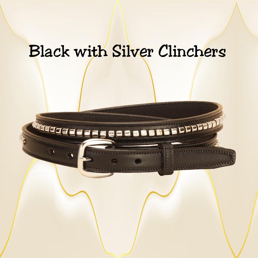 Silver clinchers on a black bridle leather belt.