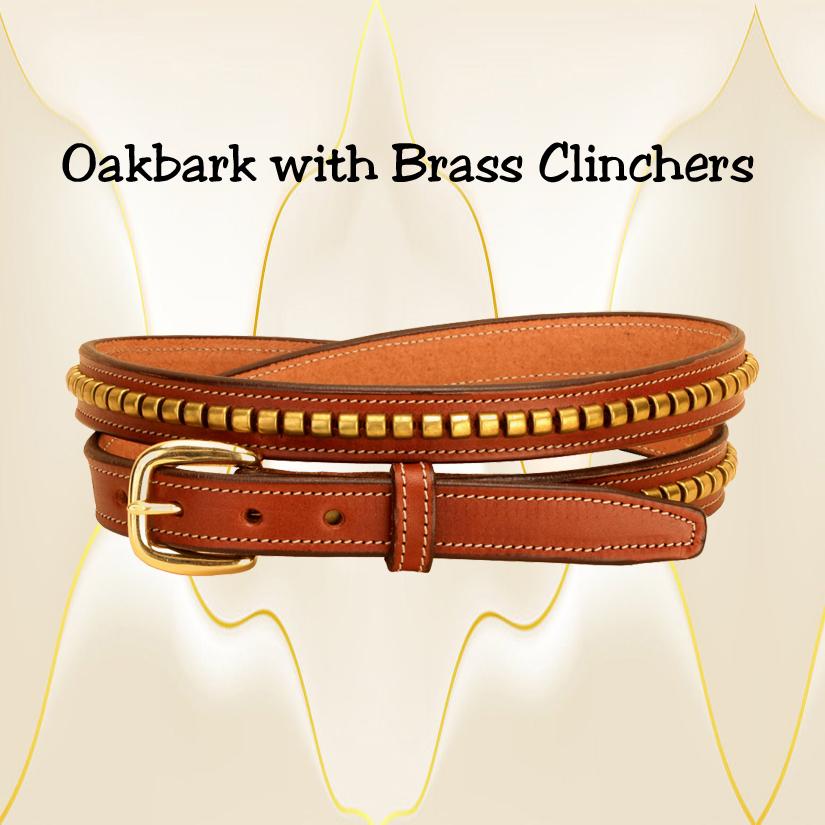 Brass clinchers on a oakbark bridle leather belt.