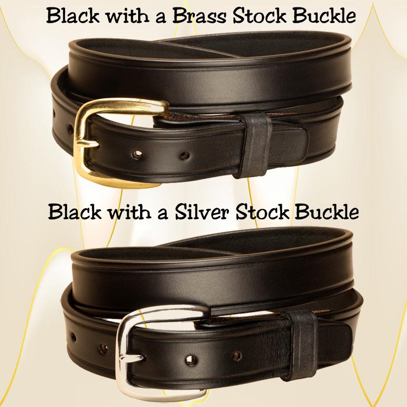 Black creased leather belt with a brass or silver buckle.