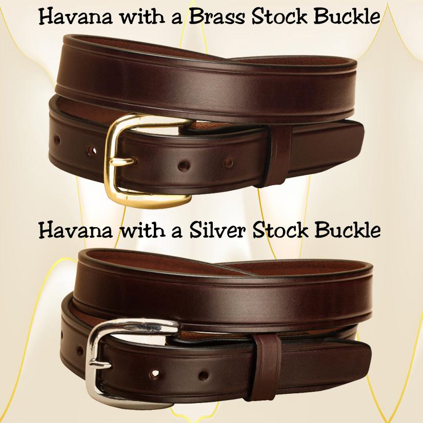 Havana creased leather belt with a brass or silver buckle.