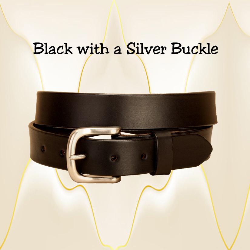 Black English bridle leather belt with a silver belt buckle.