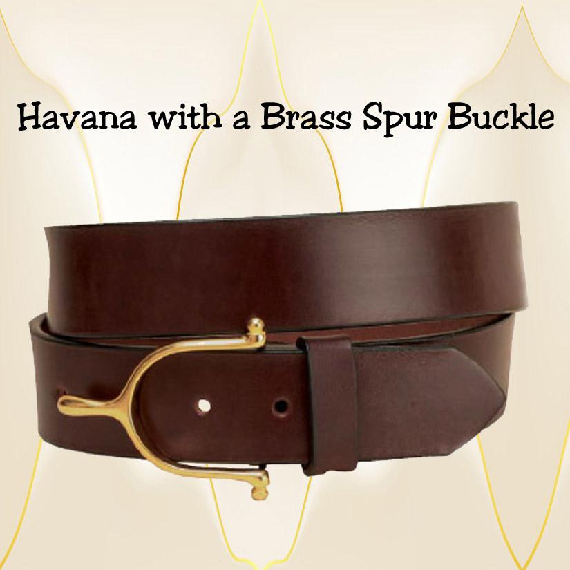 Havana leather belt with a brass English spur buckle.
