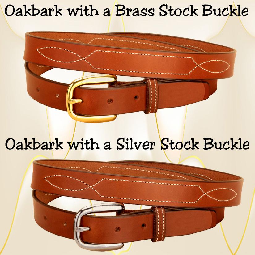 Oakbark fancy stitched 1" wide leather belt with your choice of belt buckle.