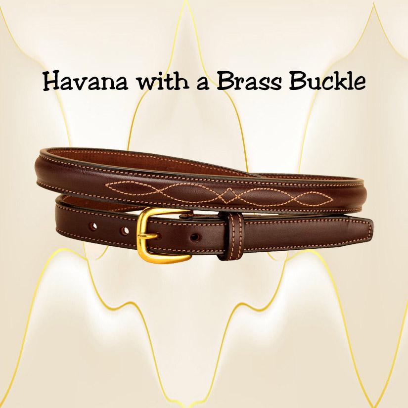 Havana raised leather belt with fancy stitching.