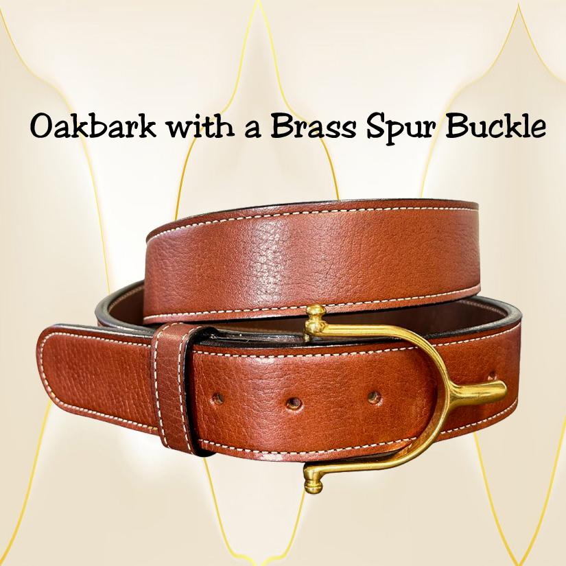 Milled English bridle oakbark leather spur buckle belt with edge stitching.