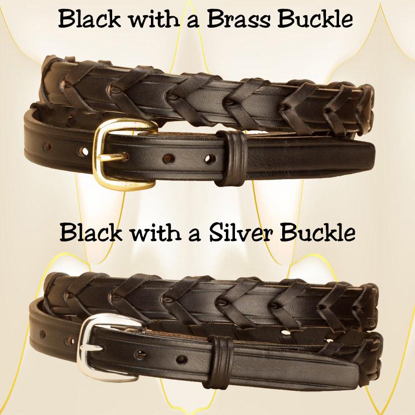 3/4" wide laced rein black leather belt with a brass or silver belt buckle.
