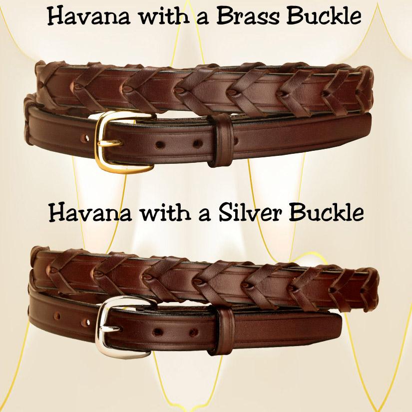 3/4" wide laced rein havava leather belt with a brass or silver belt buckle.