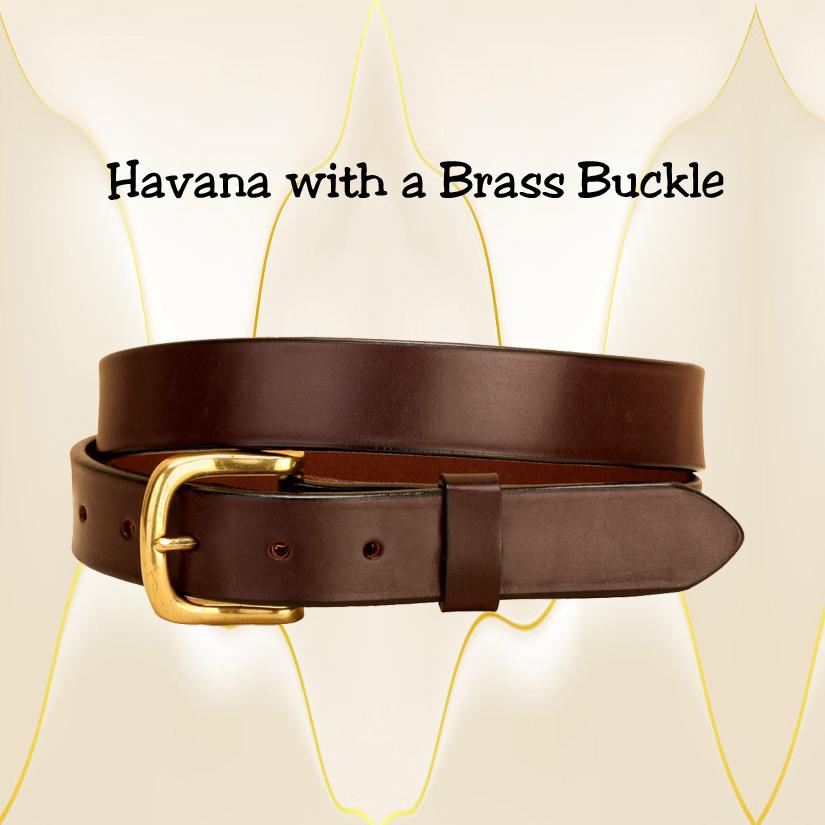 Havana 1 1/4" wide English bridle leather belt with a brass buckle.
