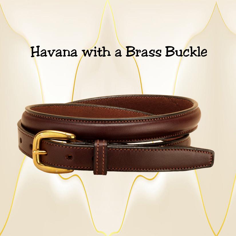 Raised 1" wide Havana bridle leather belt with a brass buckle.