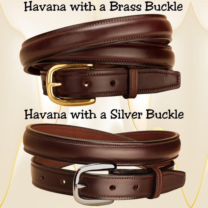 1" Havana English bridle leather raised belt with a brass or silver buckle.