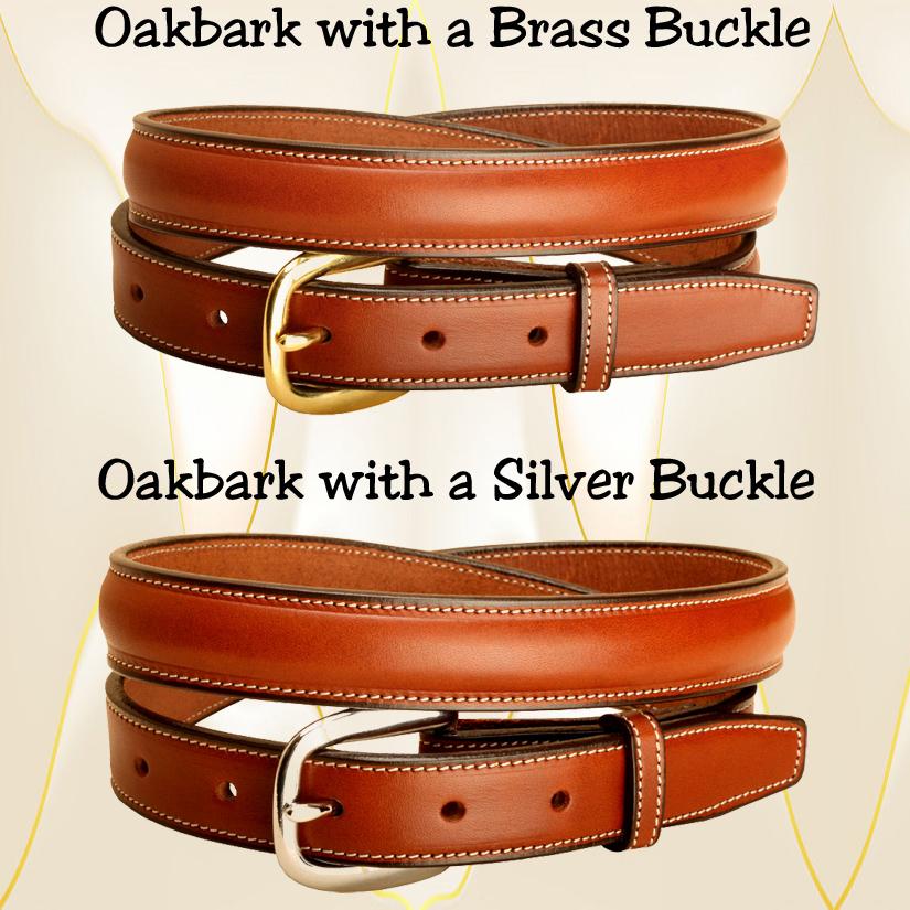 1" oakbark English bridle leather raised belt with a brass or silver buckle.